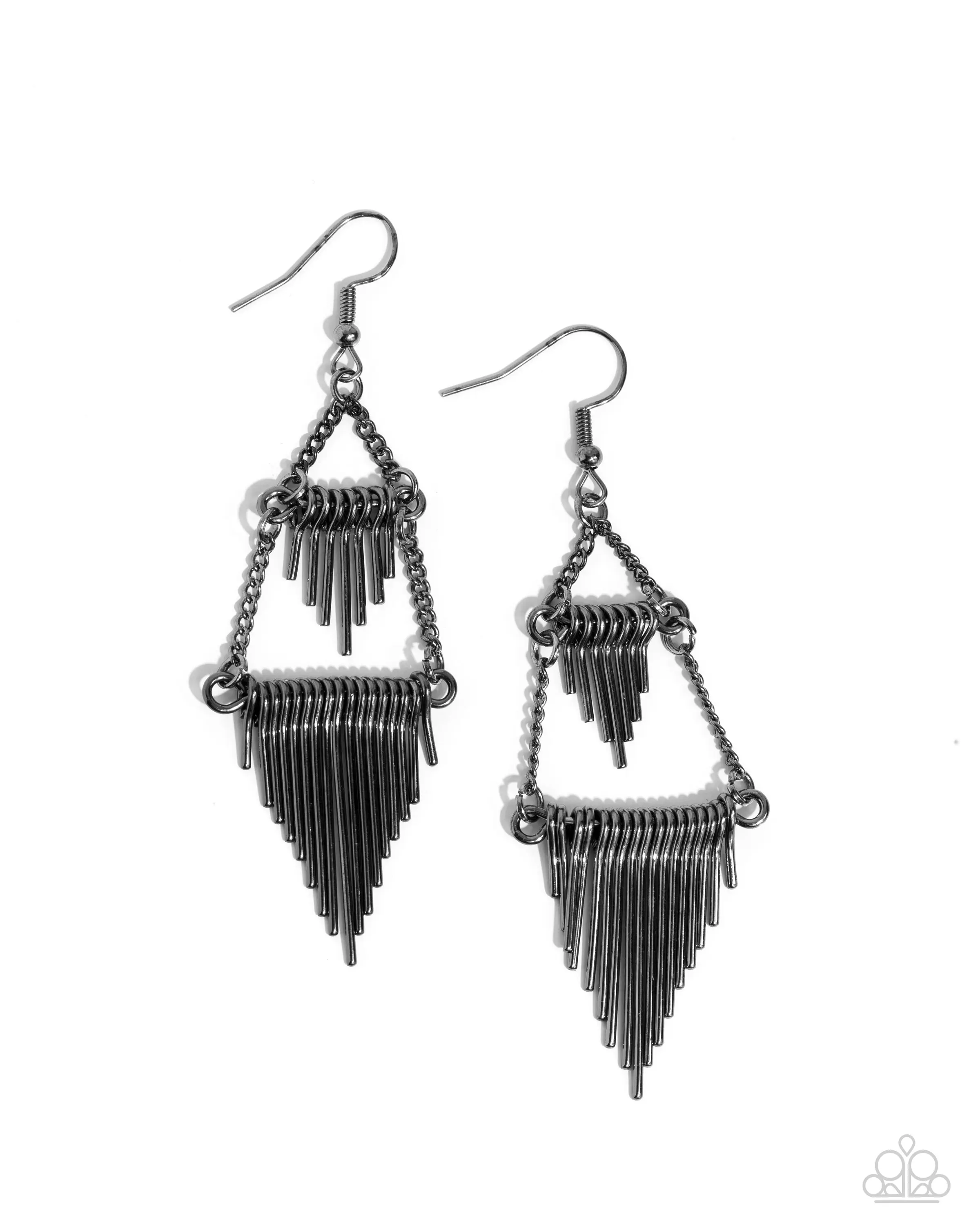 Greco Grotto - Black Gunmetal Triangle Fringe Earrings - Paparazzi