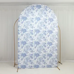 8ft Fitted Spandex Chiara Backdrop Cover – French Toile Blue & White Floral Arch Slipcover for Round Top Wedding Stand