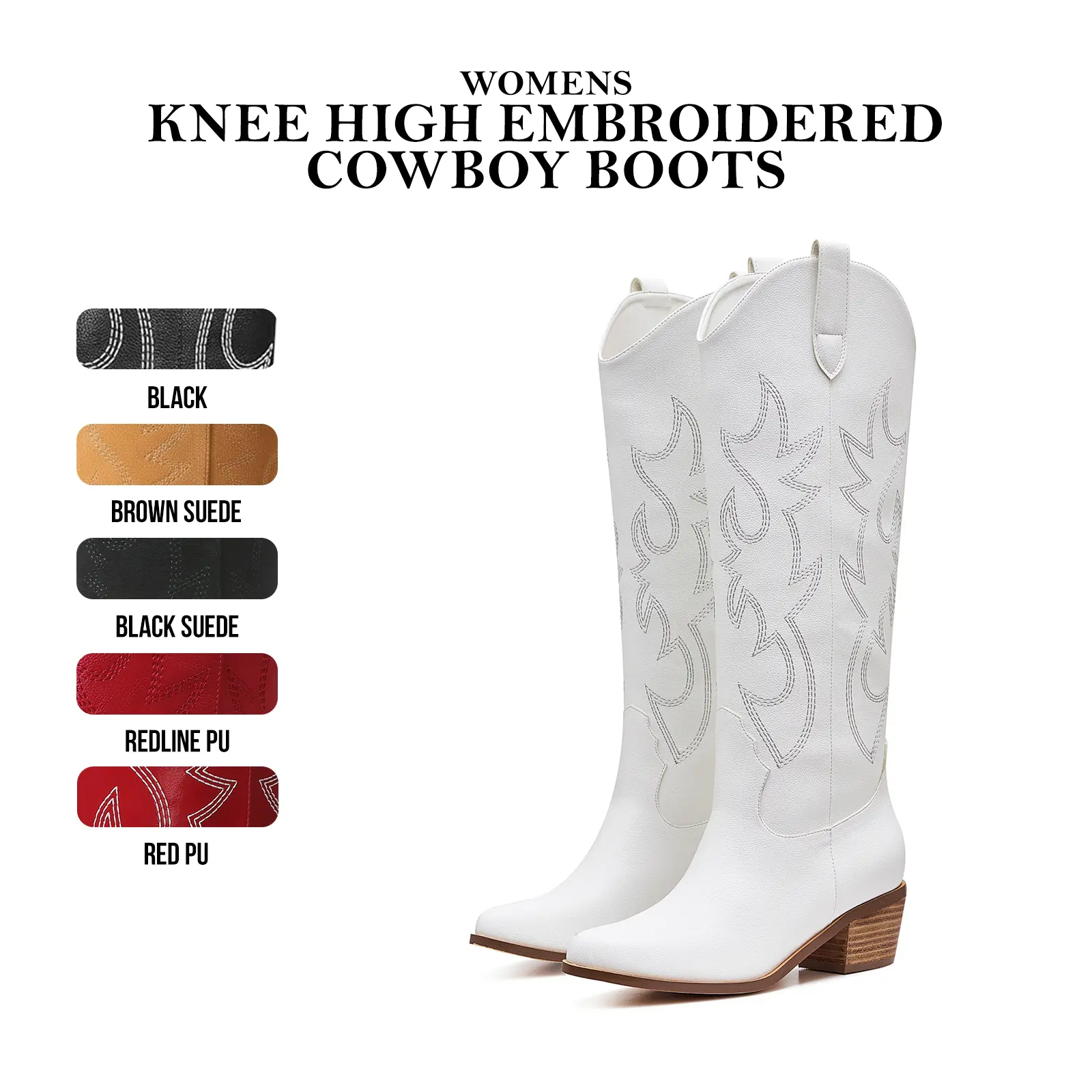 CYNLLIO Womens Knee High Embroidered Cowboy Boots Pointed Toe Chunky Block Heel Pull on Comfy Fashionable Dance Walking Concert Casual Summer Elegant Western Tall Boots