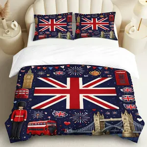 3PCS Duvet Cover Set, 1 Duvet+2 Pillowcases(Without filler), London British Iconic Urban Travel Royal theme, Christmas bedding set, Union Jack Great Britain Suitable for decoration bedroom living room hotel guest room.