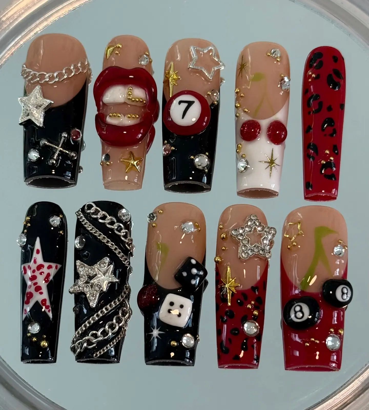 Y2K Casino Press On Nails, 3D Dice 8 Ball Cherry Chain Leopard Print Fake Nails, Handmade Punk Black Red Coffin Nail Art | Free Adhesive Tabs Nail File Cuticle Stick  Nail Kit