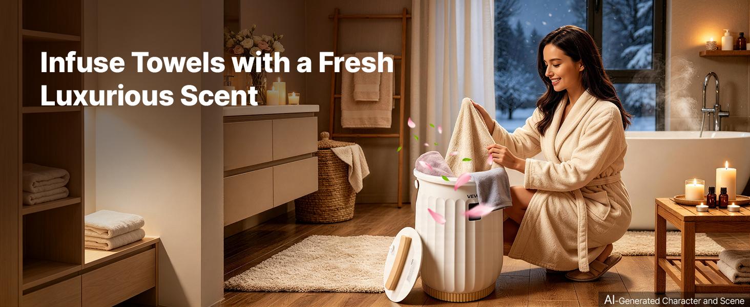 VEVOR Towel Warmers for Bathroom 20L Heated Towel Bucket with LED Display, Rapid Heating, 4 Adjustable Timer, Wood Handle, Auto Shut Off, Fits Oversized Towels, Blankets, Bathrobes, for Women, White#BacktoSchool