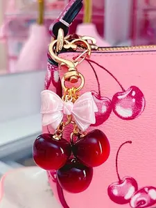 Niche design sweet cherry keychain, love buckle bow decorative keychain pendant, cute bag pendant small pendant, three-dimensional red cherry pink bow exquisite bag pendant, small versatile cherry bag small items, Bag Charm Keychain