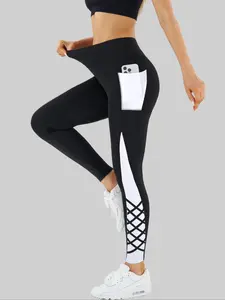 Women's Colorblock Patchwork High Waist Fitness Yoga Pants, Cross-Bound Design, Pocketed Outdoor Sports Long Pants, Casual All Seasons Wear, High Waisted Athletic