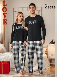 Couple's Letter & Plaid Print Pajama Set, Casual Comfy Round Neck Long Sleeve Top & Bottom Pj Set for Men & Women, Couple Sleepwear for All Seasons, Matching Outfits