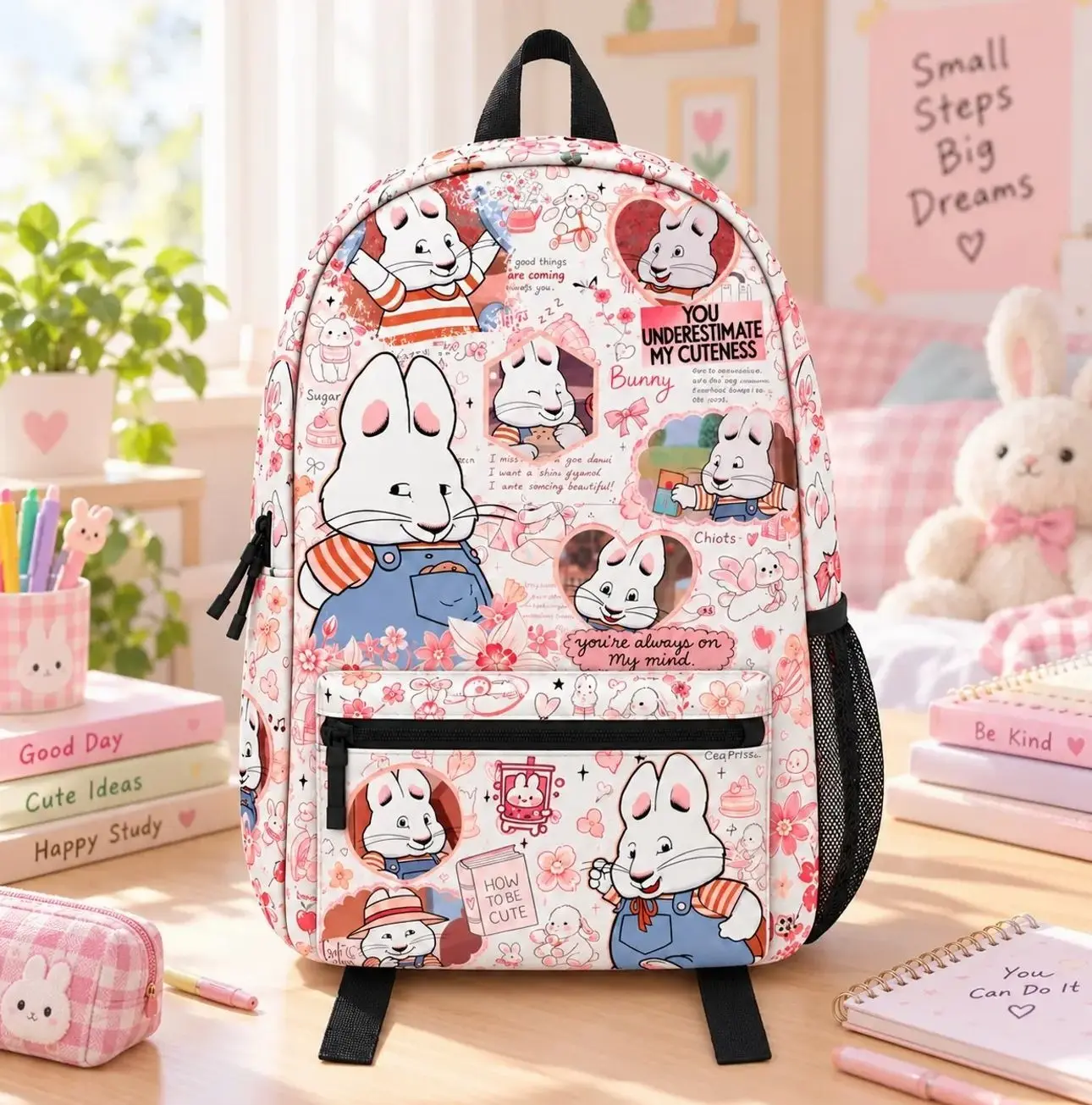 Cute Bunny Max & Ruby Backpack, Pink Rabbit Collage School Bag, Kawaii Preschool Backpack, Girls Daycare Book Bag, Cute Travel Backpack