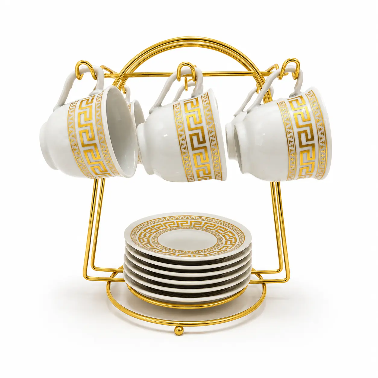 Geometric Greek Key Ceramic 13-Piece White & Gold Coffee Cup & Saucer Set - 6 Cups+6 Saucers, Gold Metal Stand, Luxurious Touch Kitchenware Drinkware Cups for Home Décor, Office, Dining Table Use
