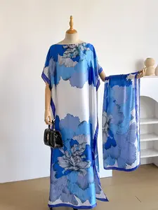 Women's Elegant Smooth Floral Print Robe Set, Long Dress + Headscarf Scarf Hairband, Summer Beach Sun Protection Satin Silk Shawl, All Seasons