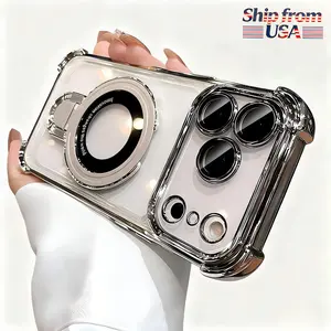 ECANCASE Fashion Black Silver Hard Acrylic Clear Case with DIY Sticky Magnetic Stand Four Airbag Corners Camera Lens Protection for Magsafe iPhone 17 Pro Max Air 17Pro 11-16 Promax Plus Shockproof Fundas Smartphone Cover