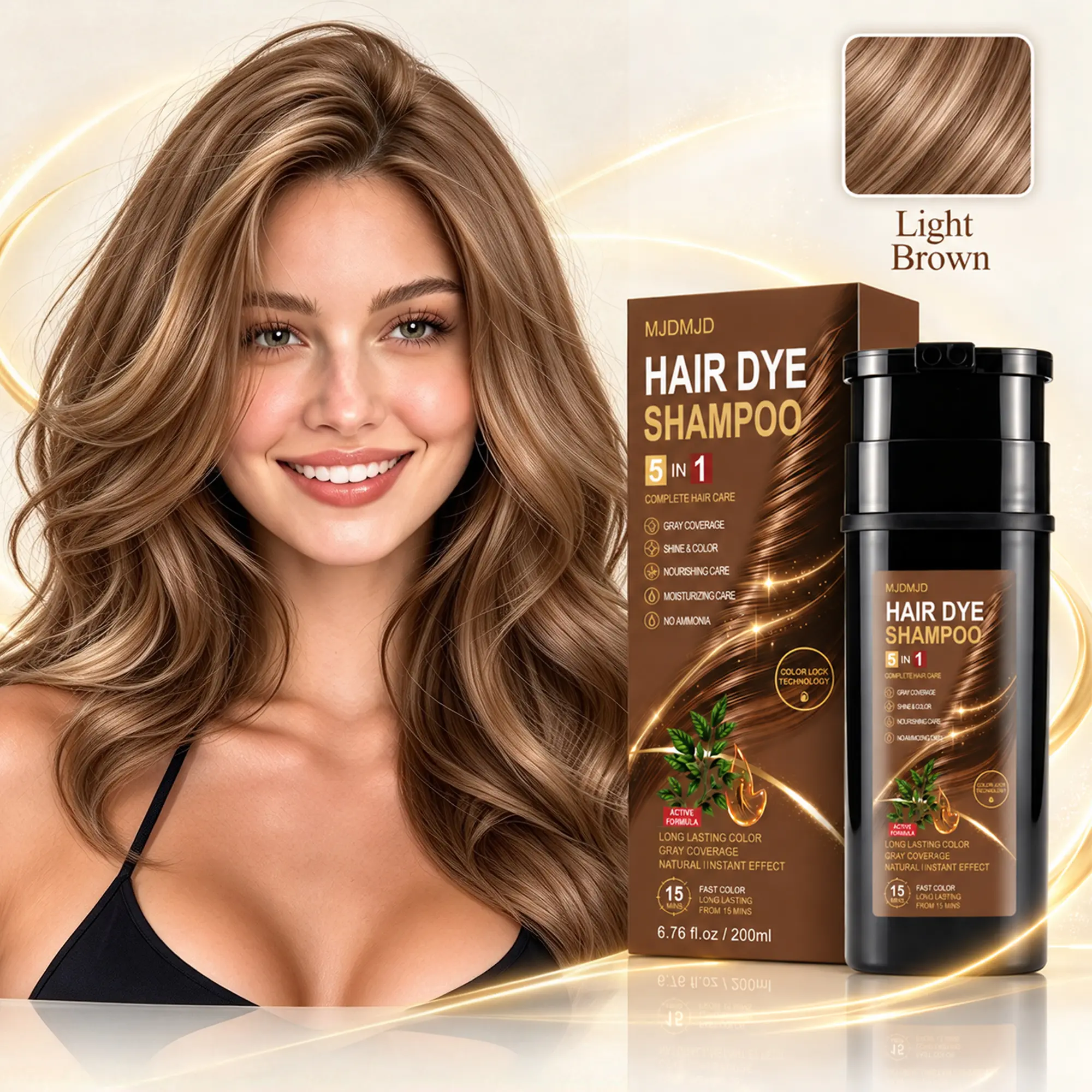 Light Brown Hair Color Shampoo 5-in-1, 200ml Semi-Permanent Hair Dye for Men & Women, Gray Hair Blending, Root Coverage & Conditioning Care, Easy At-Home Application