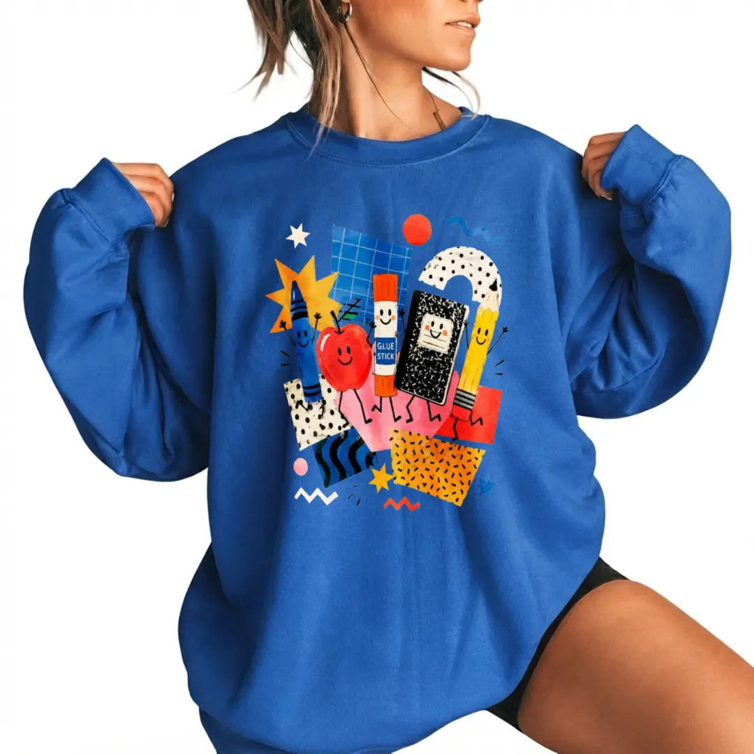 Gildan Teacher School Supply Crewneck Sweatshirt For Women, Cute Cartoon Crayon Pencil Apple Glue Stick Notebook Graphic Pullover, Back To School Casual Teacher Gift Top