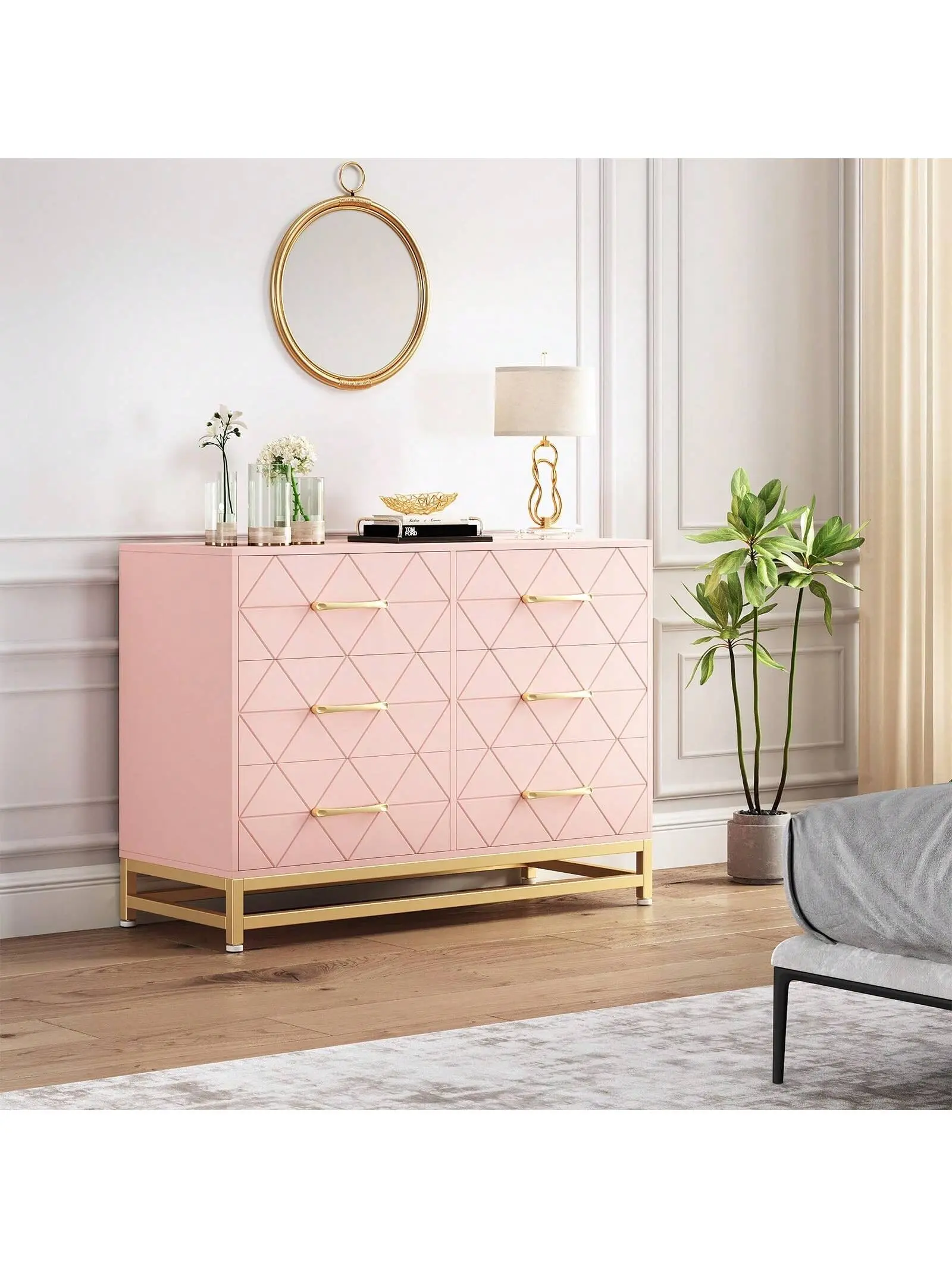 Dresser for Bedroom with 6 Drawer Double Dressers, Modern Wooden Dresser Chest, Beside Table for Closet, Nursery, Living Room, Pink_15.8 x 39.4 x 28.7 inches