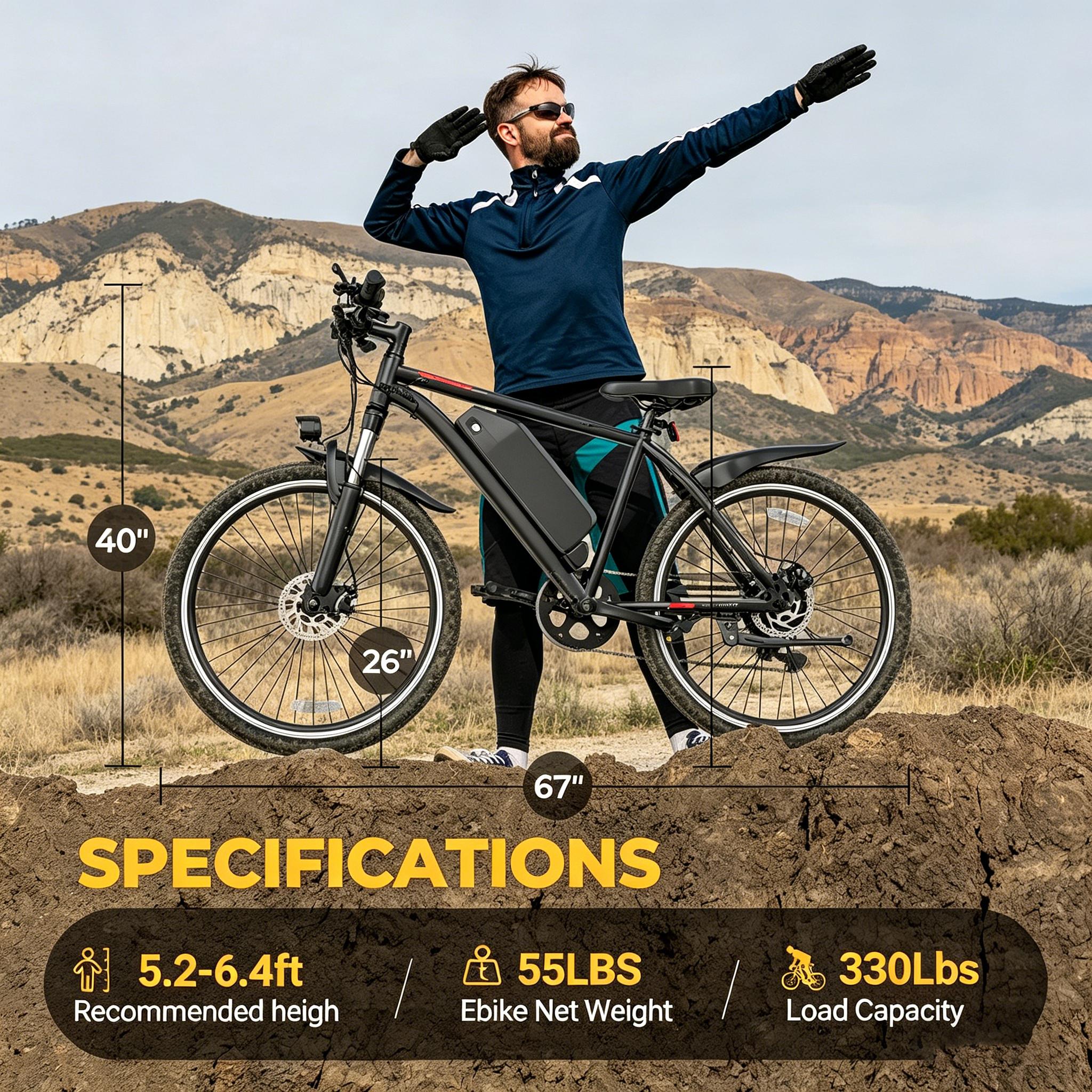 B High Performance Mountain E-Bike 350W Motor 26” Inflatable Tires 48V Battery 22MPH 20‑70 Miles PAS Dual Front & Rear Disc Brakes