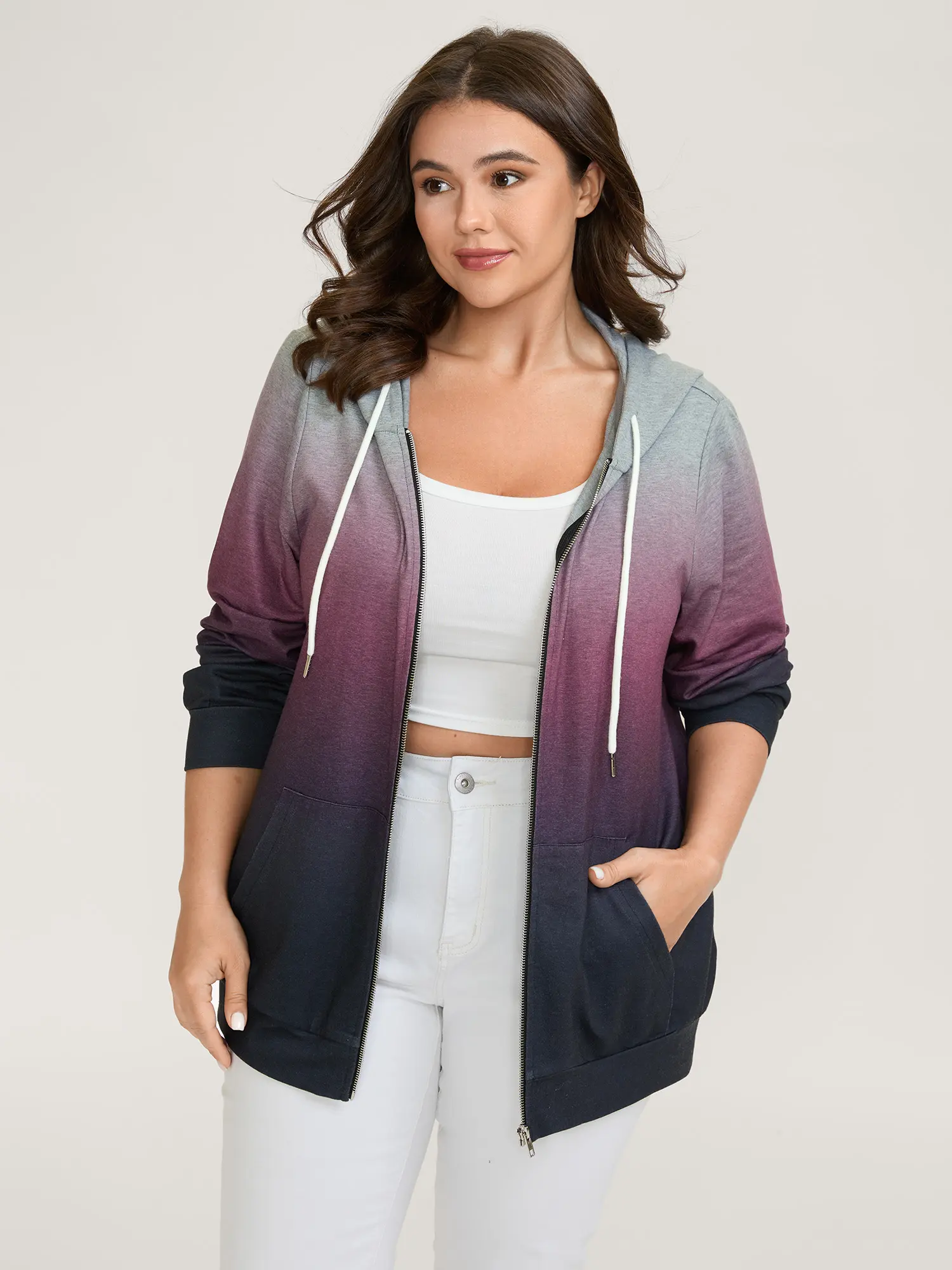 BLOOMCHIC Women's Hooded Zipper Multicolor Ombre Gradient Coat - Longsleeves, Regular Fit, Medium Stretch Spandex-Polyester Smooth Fabric, Drawstring Pocket, Casual Tops for 2026 Summer, Coats, Garment, Casual Wear, Lady, Colorblock, Patch Pocket, Patch P
