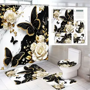 4pcs Luxury Black, White & Gold Floral Butterfly Bathroom Decor Set - Elegant Marble Shower Curtain Sets with Cream Roses & Gold Accents, Matching Bath Mats & Toilet Seat Cover for Romantic Modern Spaces - Perfect for Holiday Home Refresh