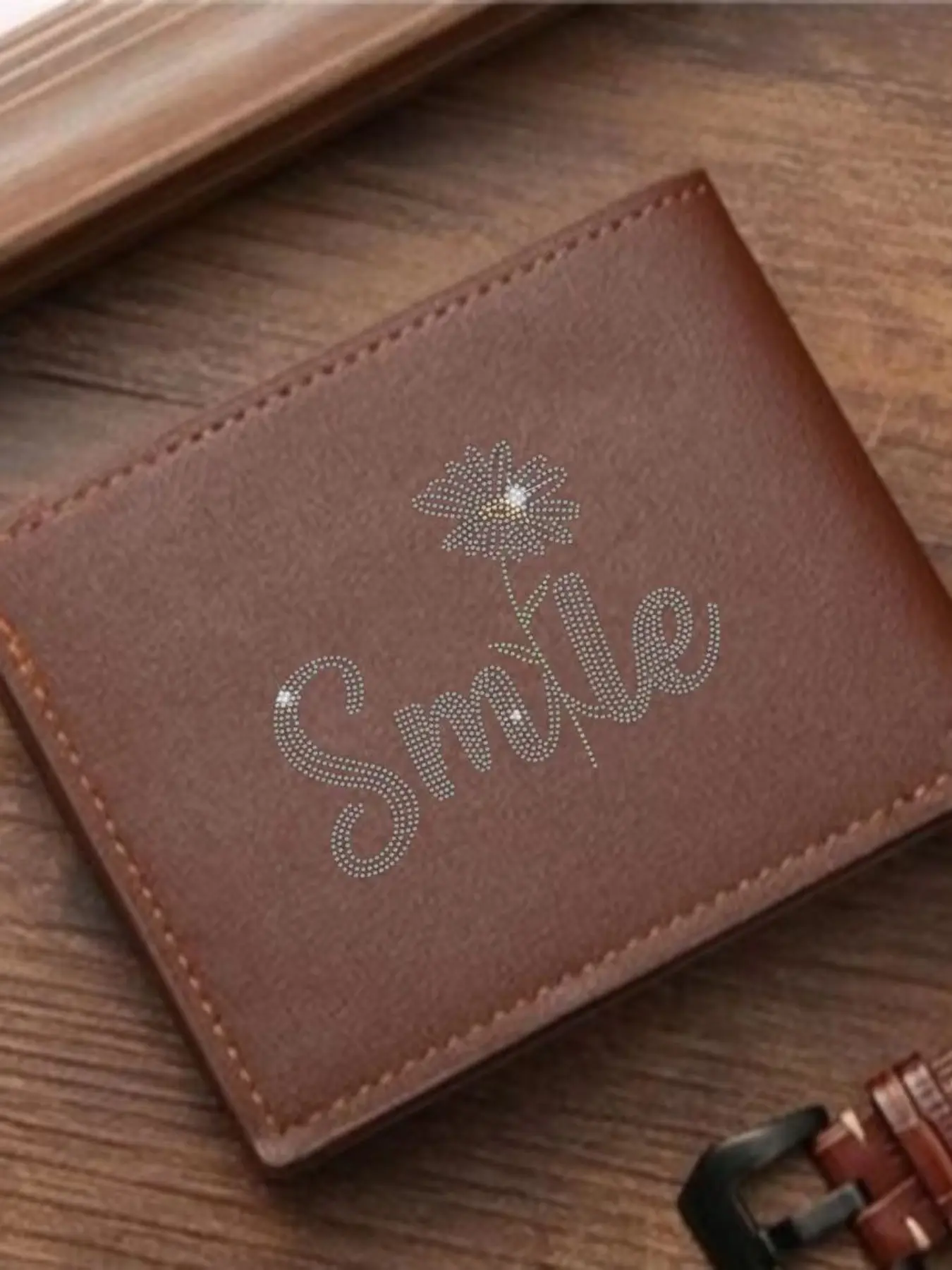 Women's Smiley Daisy Crystal Wallet, PU Leather Card Holder, Cute Floral Theme, Ultra-Thin Multi-Card Slots, Perfect Gift