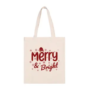 Christmas Themed Printed Canvas Tote Bags - Merry & Bright Design for Festive Shopping and Gifts