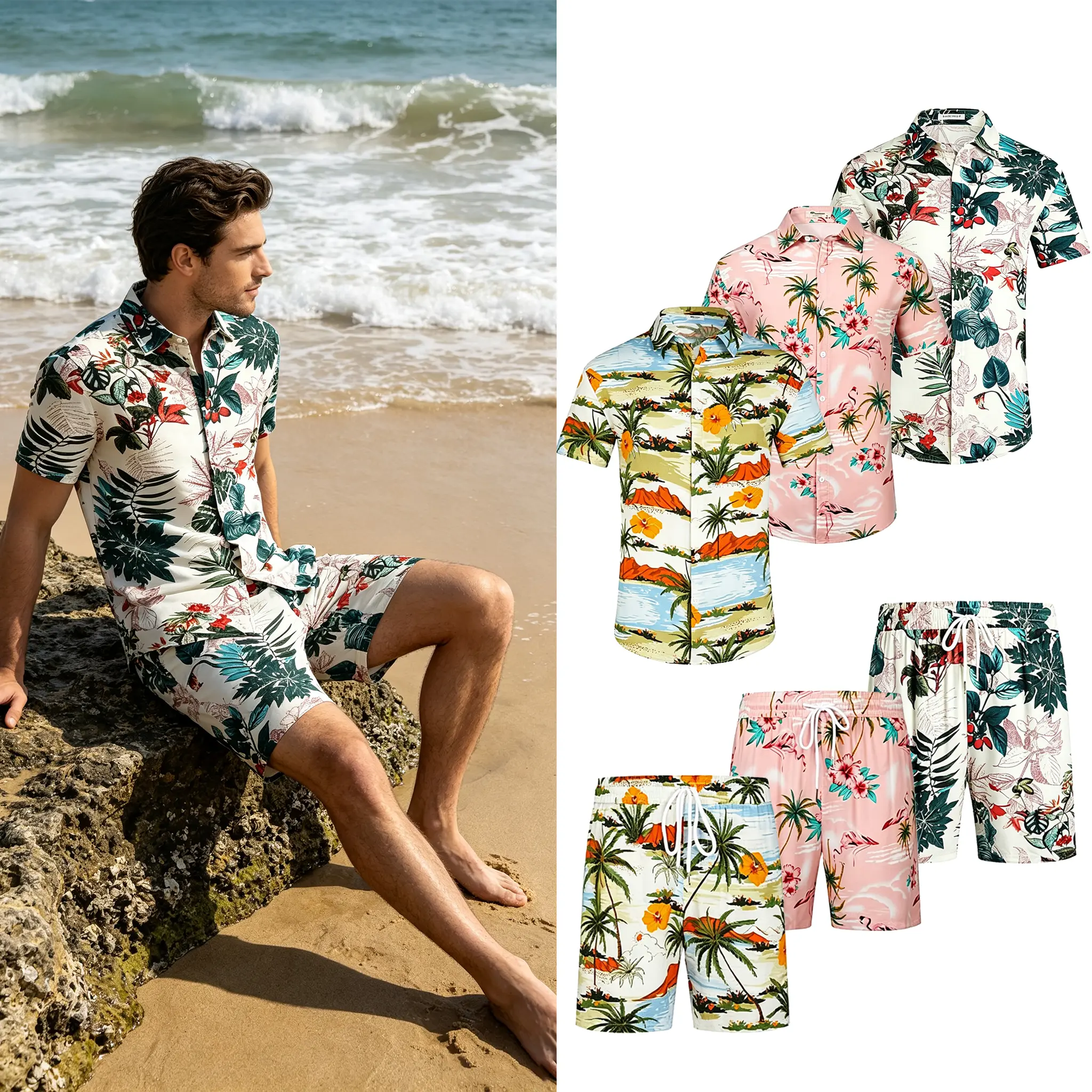 Men's Hawaiian 2 Piece Floral Outfit, Loose Fit Button Down Short Sleeve Shirt & Elastic Drawstring Beach Shorts Set, Trendy Summer Resort Vacation Matching Suit for Daily Party Cruise