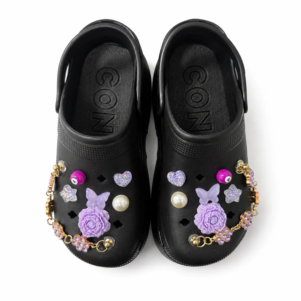 Women’s Purple Floral Platform Clogs with Butterfly Pearl Heart Star Crystal Charms and Gold-Tone Chain, Chunky Wedge Slip-On Shoes, Ventilated Closed Toe Garden Sandals with Convertible Back Strap, Cute Y2K Casual Summer Footwear
