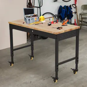 Work Bench Work Table for Garage, Heavy Duty Rolling Work Table 2000 lb Capacity, Rubber Wood Top with Drawer, Lockable Wheels, Garage Workshop Workbench, Black