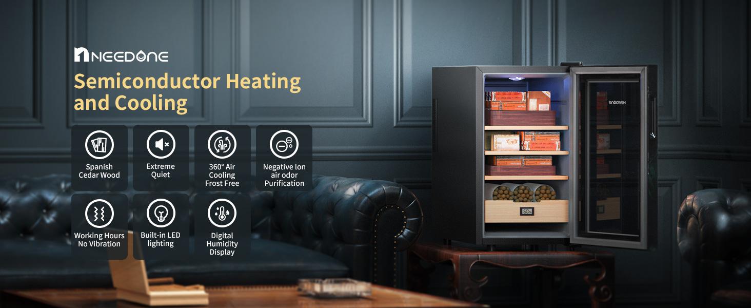 Humidor 48L for Cigar with Heating and Cooling Temperature Control System, Quiet Thermostatic Electric Cooler Cabinet for 350 Counts with Digital Hygrometer, Spanish Cedar Wood, Gift for Men