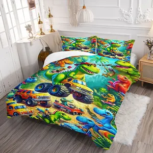 Vibrant Dinosaur Monster Truck Comforter Set, Colorful Cartoon Print Bedding Set, Soft & Breathable Digital Print Design, Perfect for Kids Bedroom Decor, All-Season Cozy Quilt Set