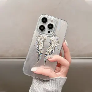 Angel Wing Transparent Silver Color Tpu Anti-Drop Phone Case, Large Hole Design, Compatible with iPhone 11/12/13/14/15/16/17 Pro Max Plus XR XS