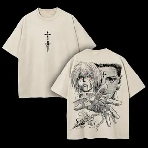 Retro Heavy Limited Kurapika vs Chrollo Hunter X Hunter Anime Double Printed Vintage Oversized Washed Tee, Unisex Heavyweight Cotton T-shirt, Grunge Streetwear, Gen Z Casual, Harajuku Style, Trendy Manga Graphic Top