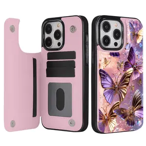 Phone case: Purple butterfly printed synthetic leather flip phone case, cost-effective, with magnetic suction function and card slot, suitable for iPhone 17/16/15/14/13/12/Pro/ProMax/Plus/Air/e series, birthday gift, holiday gift, couple phone case