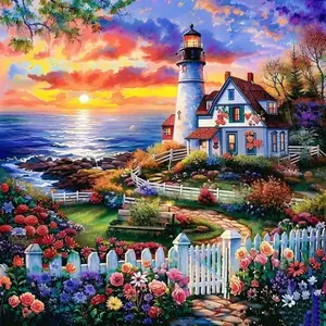 New 5D Diamond Painting Kit with Lighthouse and Cottage Design, DIY Mosaic Art Handcraft Handicraft for Home Wall Decor and Gift Idea, Handmade Gifts, Diamond Art Tools