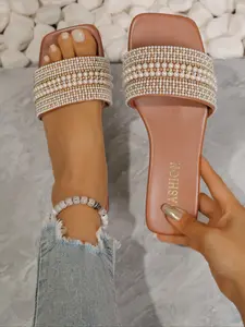 Women's Pearl Decorated Open Toe Flat Shoes, Fashion Artificial Pearl Flat Heel Slip-On T-Strap Beaded Sandals, Comfortable and Stylish