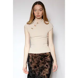 Cotton Cream Qipao Ribbed Top with Gold Knot