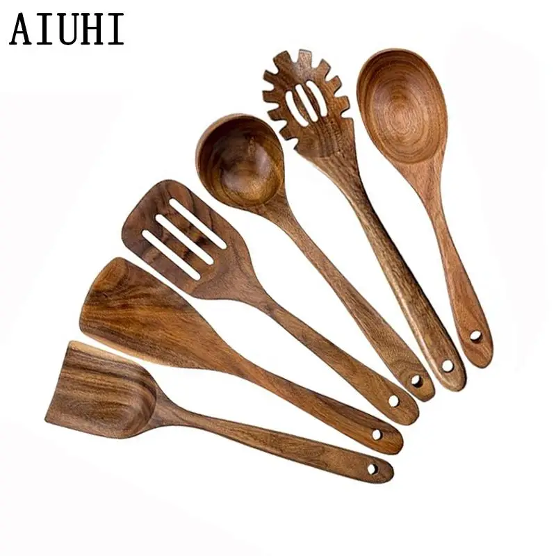Wooden Cooking Utensil Set, 6/8 Counts/set Including Spatula, Flat Spatula, Slotted Spatula, Salad Spoon, Salad Fork
