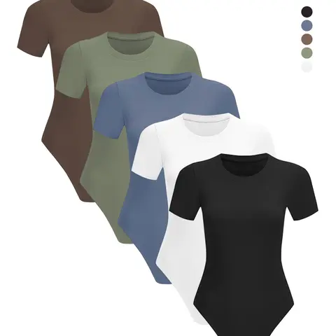 Body Suits for Womens Short Sleeve Round Neck Casual Stretchy Basic T Shirt Bodysuit Tops Plain Color Bodysuit