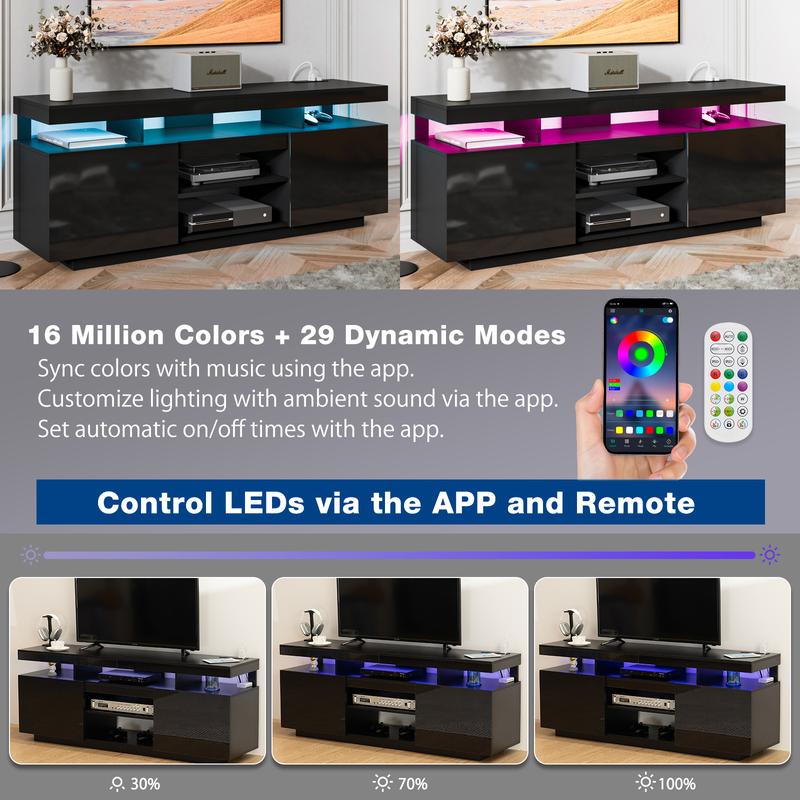 LED TV Stand for TVs up to 70" with Power Outlets Modern Entertainment Center High Gloss Finish Adjustable Shelf PS5 Storage Gaming Media Console bedroom  furniture