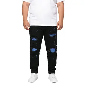 HME-S146 Plus Size Men'S Ripped Jeans - Black Slim-Fit Featuring Blue Splatter And Striped Patches, Street Style Plus Size Long Pants Low Rise Raw Hem Denim Shorts Streetwear Grey Embroidered Fleece Lined Retro Camouflage High Waist Loose Straight Leg