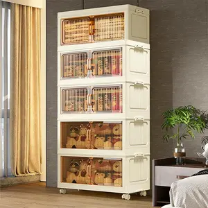 MultiLayer Stackable Storage Cabinet No Assembly Transparent Door Wheel Movable Home Clothing Snack Sundries Document Multiuse Organizer