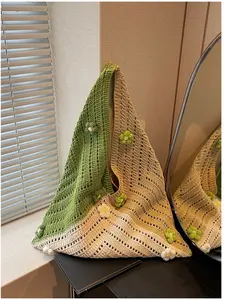 2026 New Colorblock Floral Knit Tote Bag, Hollow Out Crochet Shoulder Bag, Beach Sand Multifunctional Bag, Stylish and Versatile Design, Colorblock Pattern Bag
