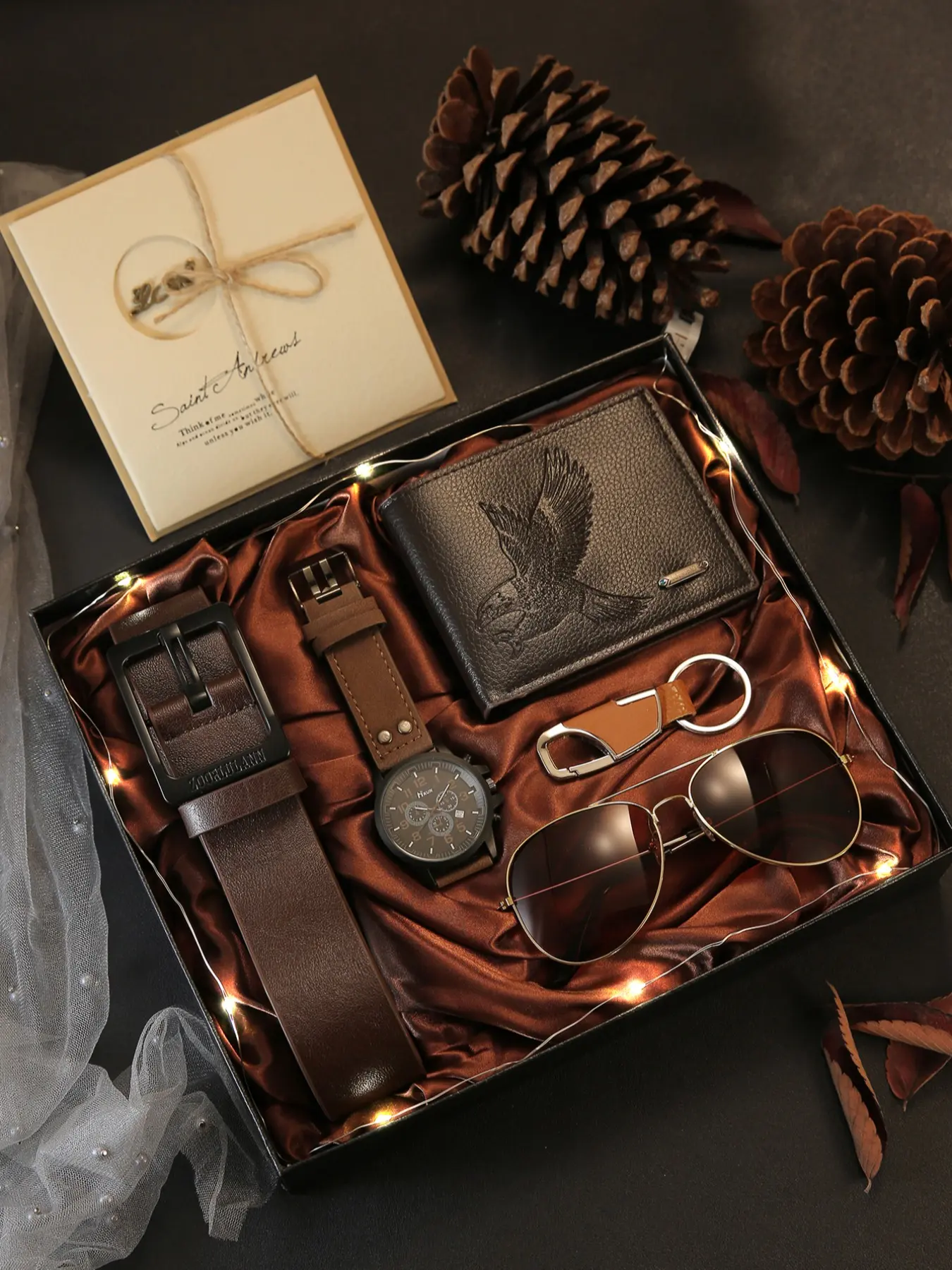 Complete Luxury Gift Set for Mature Men, Fathers Day Gifts Set, Father Day Kit, Gift Bundle Set, Gift Idea, Includes Watch, Wallet, Belt, Keychain, Greeting Card, and Decorative Glasses, Perfect for Valentine's Day or Father's Day