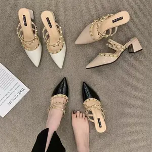 Bdhjydb Popular-style Studded High-heeled Shoes Women, Closed-toe Mules Outdoor Wear, Fashionable 2026 Pointed-toe Sandals with Chunky Heels, Women Shoes