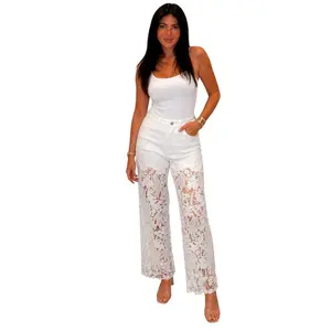 High Rise Lace Wide Leg Jean - White