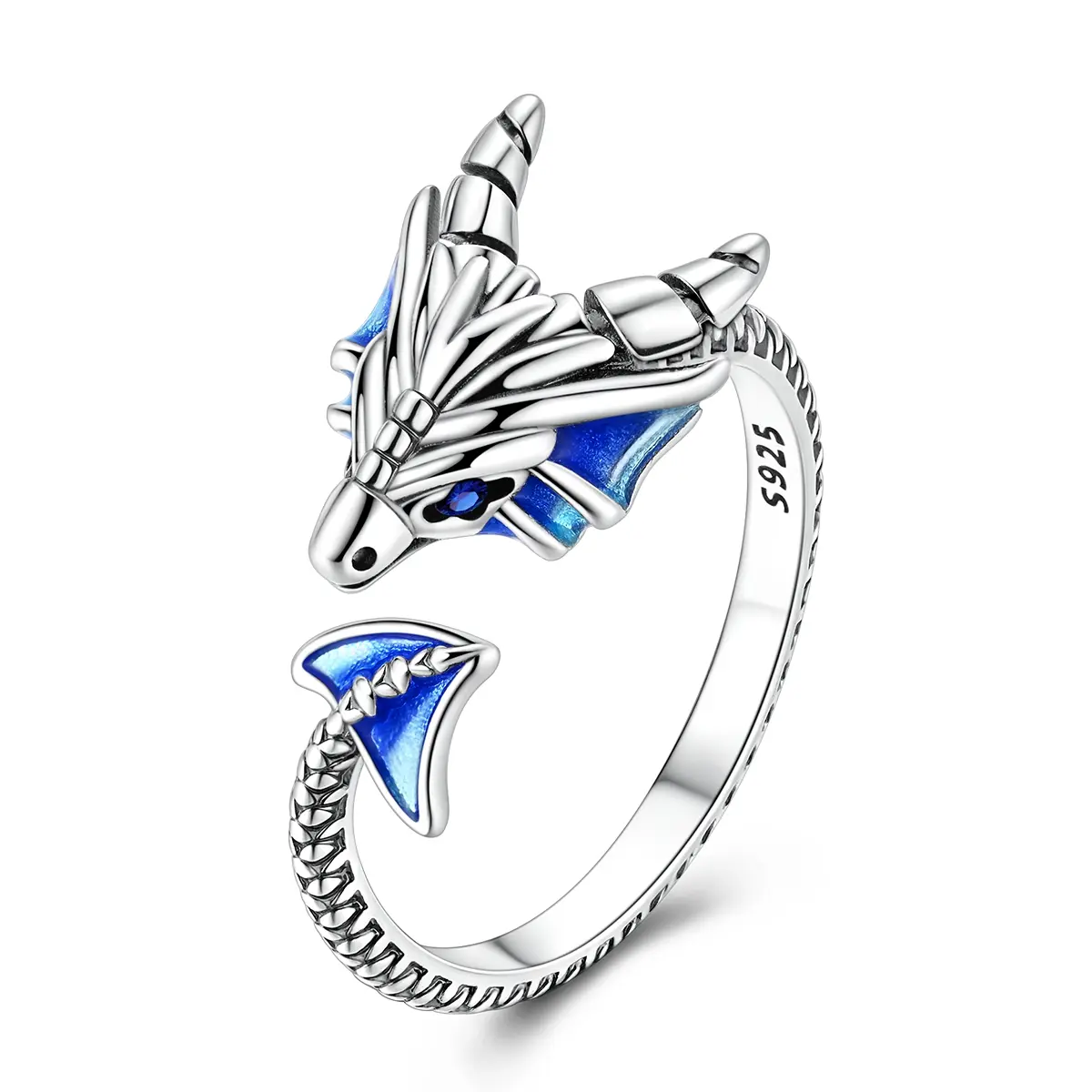 MULA S925 sterling silver dragon ring, retro gothic punk style adjustable opening ring, blue enamel mythical animal design ring, set with zircon eyes, a cool jewelry gift for teenagers and boys.
