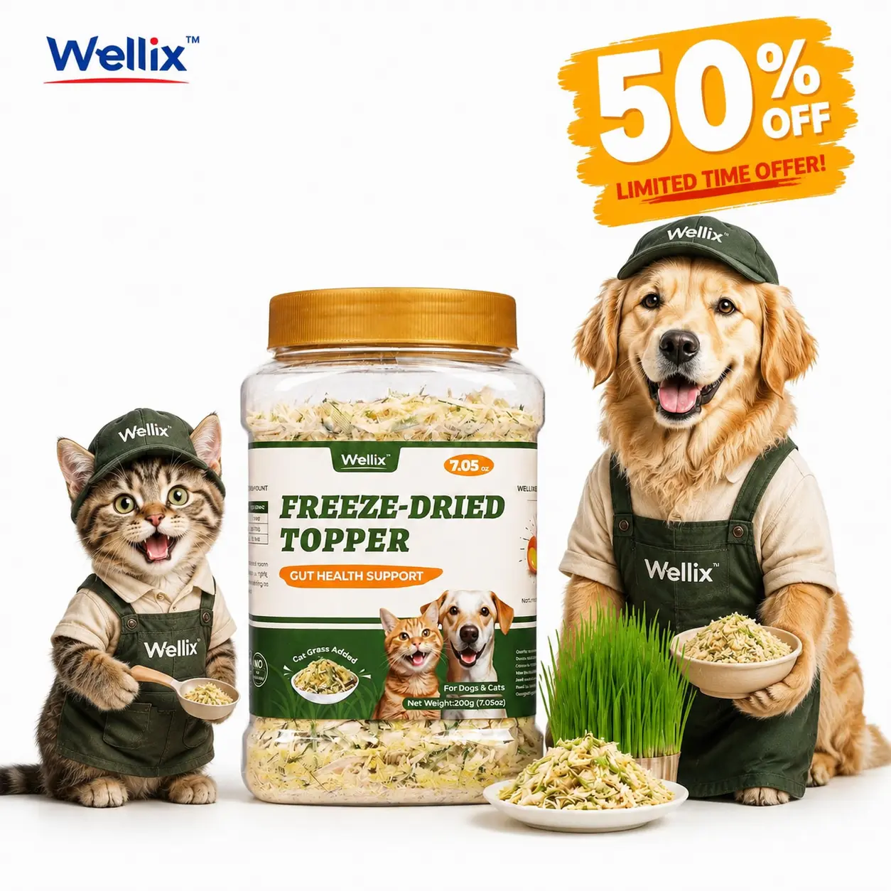 Wellix 7.5oz Cat & Dog Cat Grass Food Topper - Chicken, Egg Yolk, Cat Grass | Freeze Dried Chicken Formula | Low Calorie | Support Hairball Control & Gut Health | Natural, Nutritious, Yummy