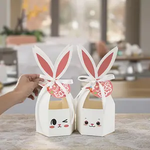 12pcs Easter Bunny Ear Treat Boxes, Kraft Cardboard Gift Containers, Spring Holiday Party Favor Supplies, Paper Gift Containers