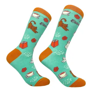 Women's Life Essentials Coffee Cats Books Socks Funny Pet Cat Animal Lover Graphic Novelty Footwear Funny Graphic Socks Comfortable Fitted Spandex Cotton
