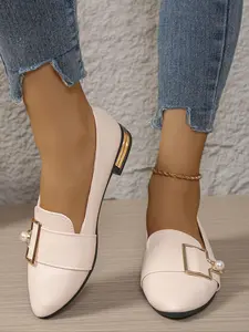 Women's Beige Pointed - Toe Flats with Pearl & Metal Buckle Detail, Elegant Design, Ideal for Daily Walking, Office Commuting & Casual Occasions, Comfortable Ladies' Casual Walking Commute Footwear, Commuter Shoes Work