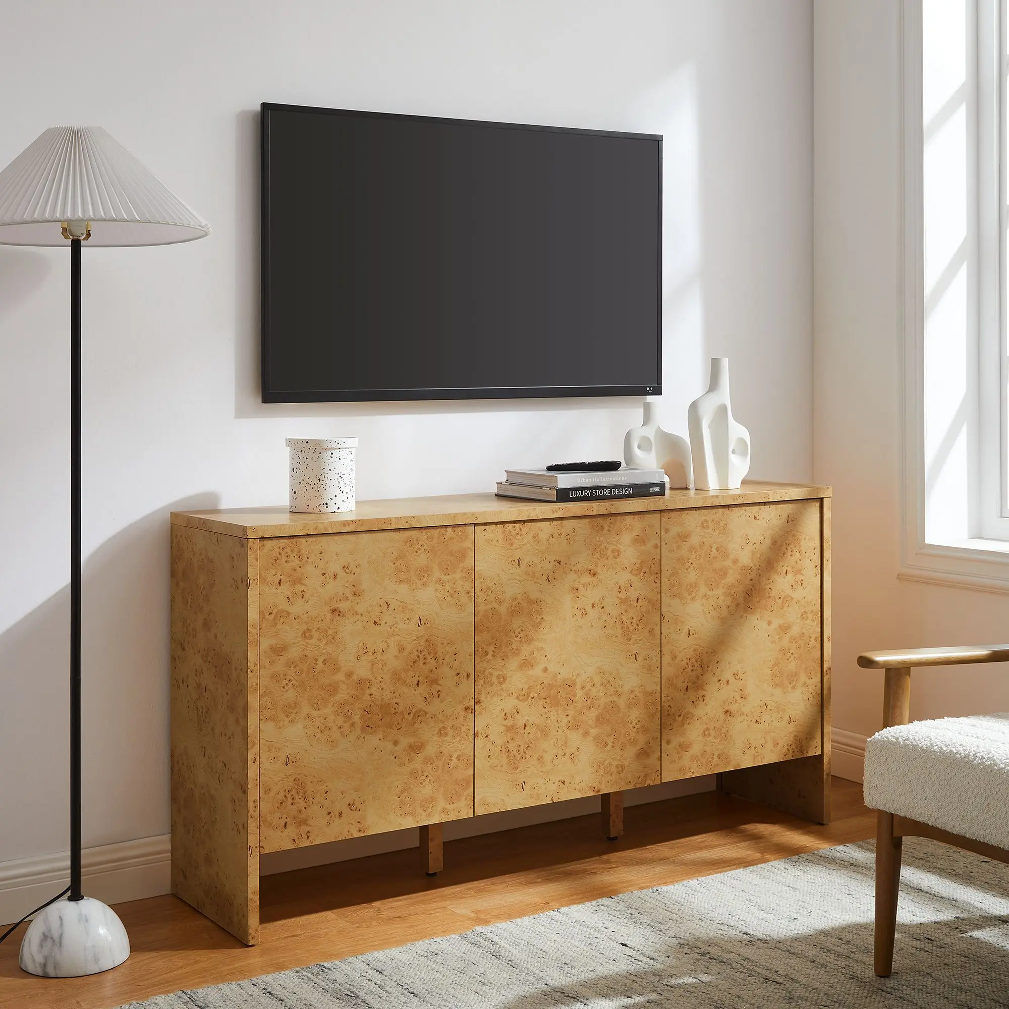 Hudson 60" Burl Wood Sideboard, Modern Storage Dresser, Accent Storage Cabinet for Indoor Living Space Organization