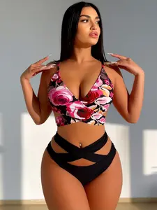 Pink Floral Print Cross Wrap Bikini Set – Sexy Crisscross High Cut Swimwear