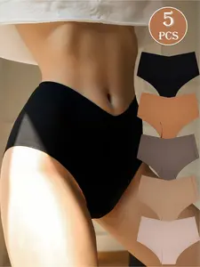 5-Pack Women's Seamless Underwear Panties High Waisted Briefs Maillard Color Pure Tone Warm Palace High Waist Quick-Dry Breathable Triangle Pants Daily Versatile