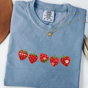 Comfort Colors Faux Patchwork Strawberry PRINT T-shirt, Faux Summer Embroidered Shirt, Spring Gift Shirt, Cottagecore Fruit Tshirt, Varsity Mom Tee - TrendWear USA